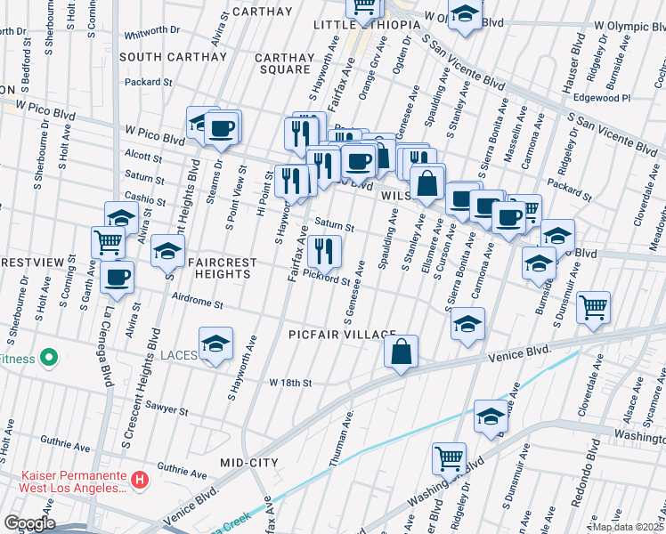 map of restaurants, bars, coffee shops, grocery stores, and more near 1557 South Ogden Drive in Los Angeles