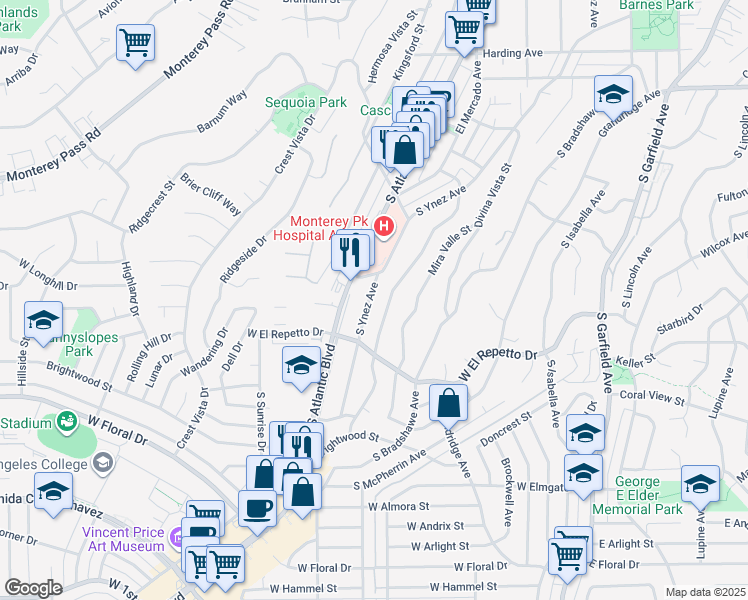 map of restaurants, bars, coffee shops, grocery stores, and more near 1240 South Ynez Avenue in Monterey Park