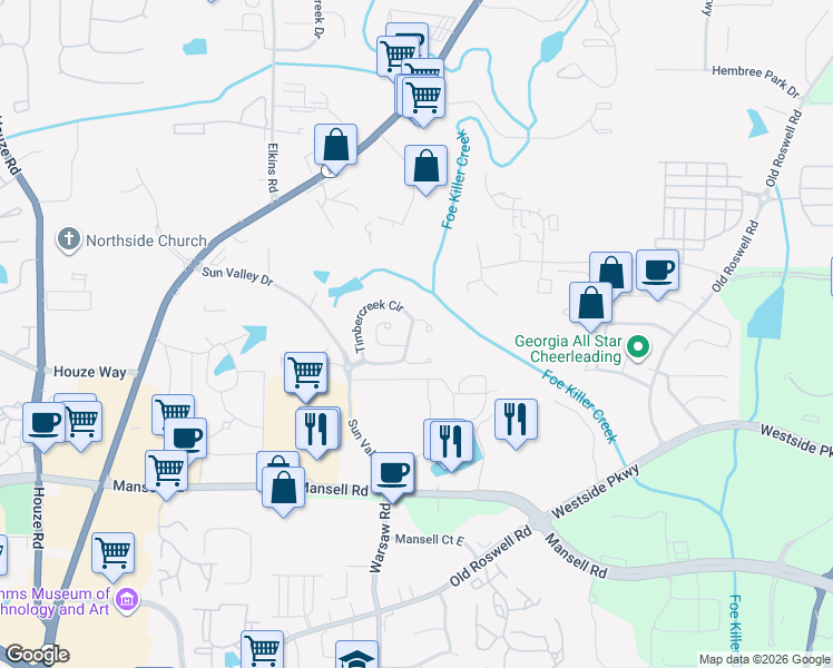 map of restaurants, bars, coffee shops, grocery stores, and more near 3206 Timbercreek Circle in Roswell