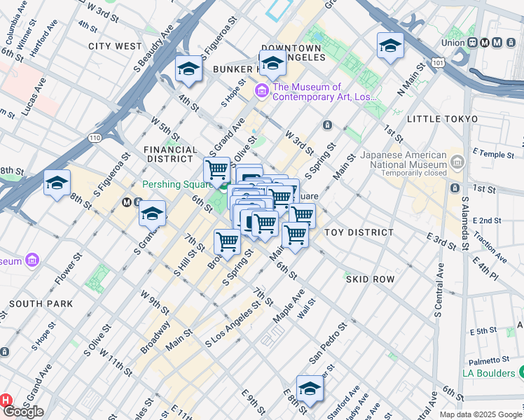map of restaurants, bars, coffee shops, grocery stores, and more near 534 South Broadway in Los Angeles