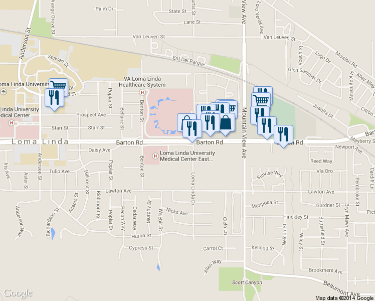 map of restaurants, bars, coffee shops, grocery stores, and more near 25487 Barton Road in Loma Linda