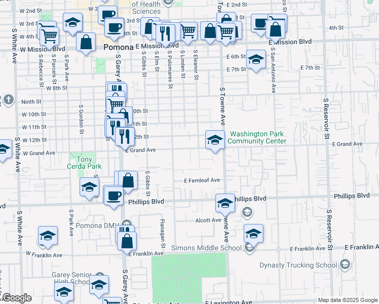 map of restaurants, bars, coffee shops, grocery stores, and more near 626 East Grand Avenue in Pomona