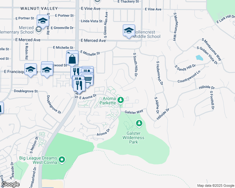 map of restaurants, bars, coffee shops, grocery stores, and more near 2061 East Aroma Drive in West Covina