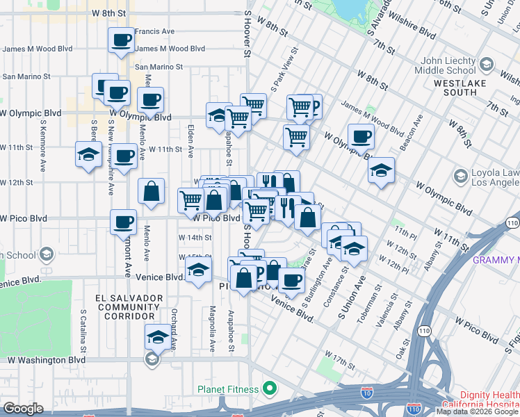 map of restaurants, bars, coffee shops, grocery stores, and more near 1250 South Lake Street in Los Angeles