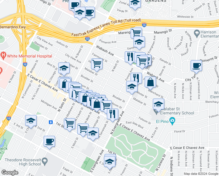 map of restaurants, bars, coffee shops, grocery stores, and more near 2718 Malabar Street in Los Angeles