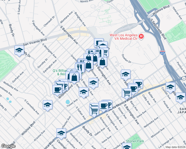 map of restaurants, bars, coffee shops, grocery stores, and more near 11750 Wilshire Boulevard in Los Angeles
