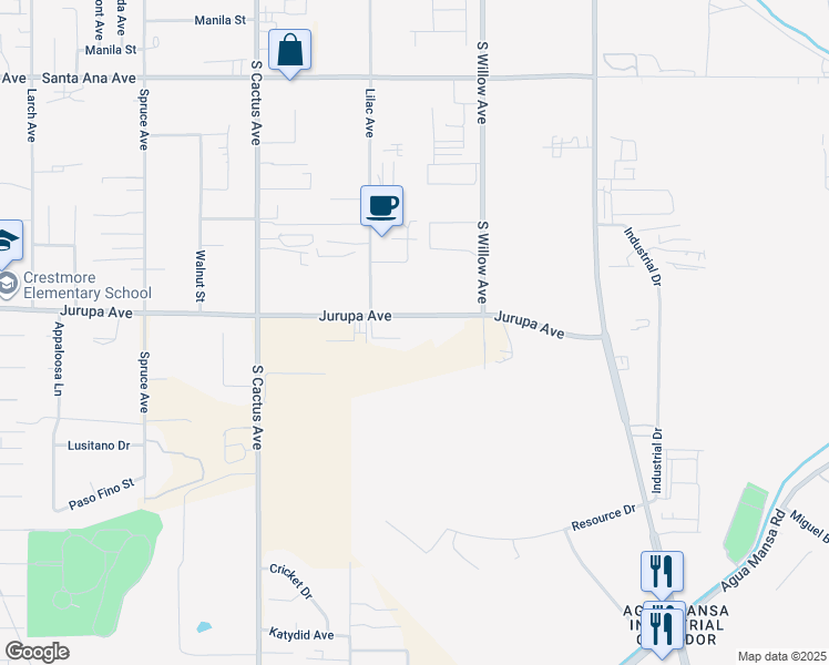 map of restaurants, bars, coffee shops, grocery stores, and more near 19585 Jurupa Avenue in Bloomington