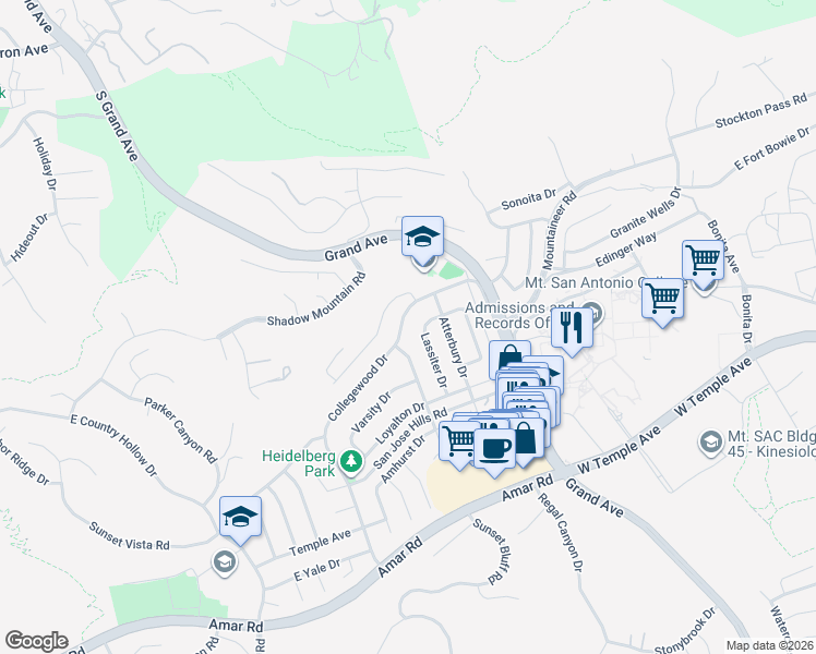 map of restaurants, bars, coffee shops, grocery stores, and more near 20644 Collegewood Drive in Walnut