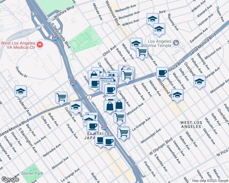 map of restaurants, bars, coffee shops, grocery stores, and more near 1727 South Bentley Avenue in Los Angeles