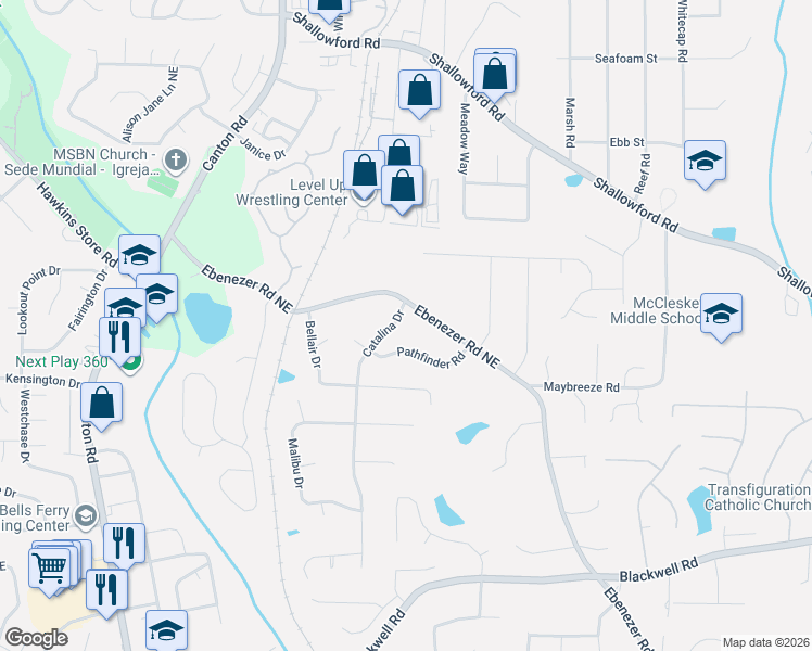 map of restaurants, bars, coffee shops, grocery stores, and more near 1131 Pathfinder Road in Marietta