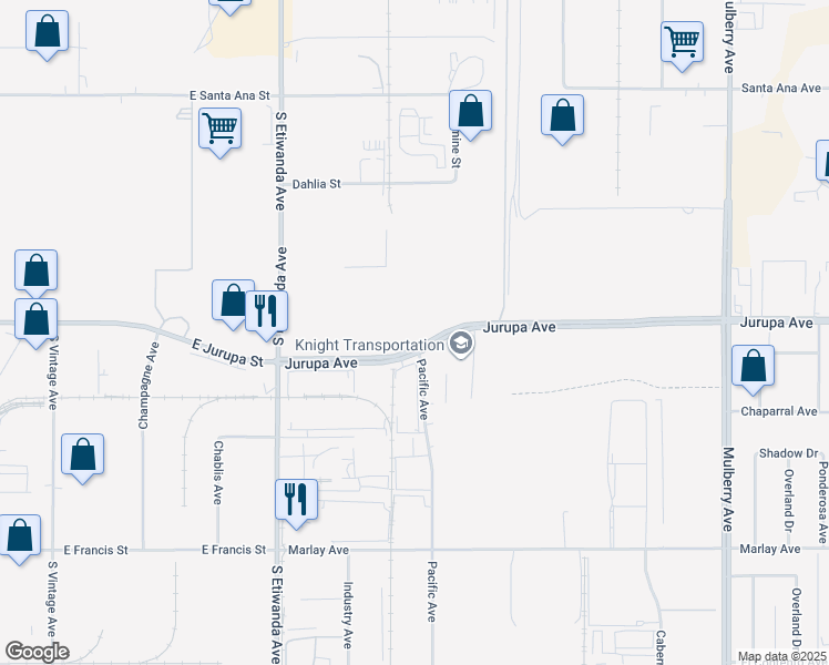 map of restaurants, bars, coffee shops, grocery stores, and more near 13052 Jurupa Avenue in Fontana