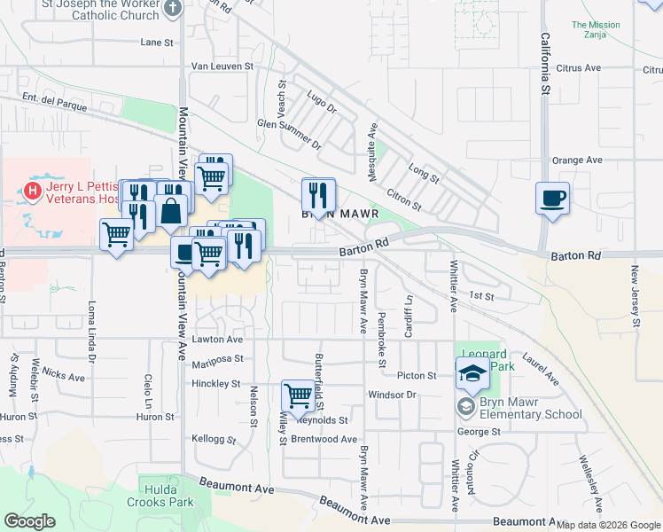 map of restaurants, bars, coffee shops, grocery stores, and more near 26035 Newport Avenue in Loma Linda