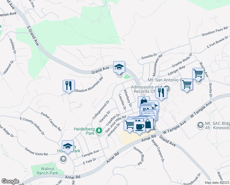 map of restaurants, bars, coffee shops, grocery stores, and more near 20644 Collegewood Drive in Walnut