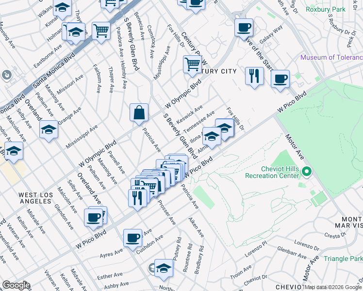 map of restaurants, bars, coffee shops, grocery stores, and more near in Los Angeles