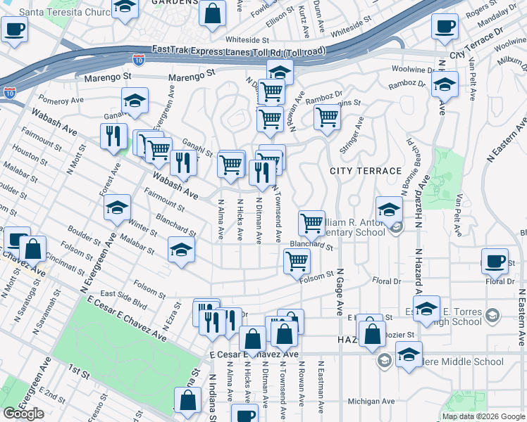 map of restaurants, bars, coffee shops, grocery stores, and more near 962 North Ditman Avenue in Los Angeles