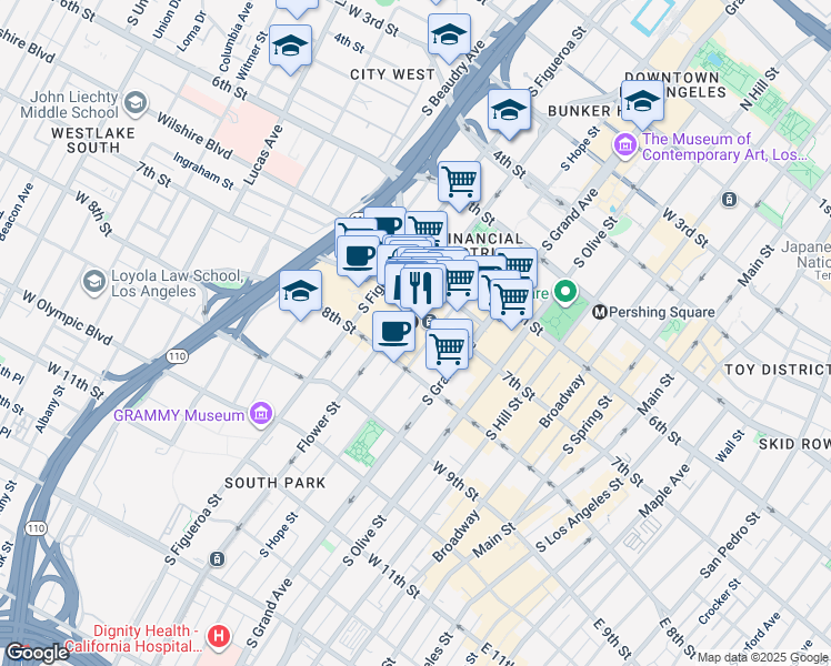 map of restaurants, bars, coffee shops, grocery stores, and more near 750 West 7th Street in Los Angeles