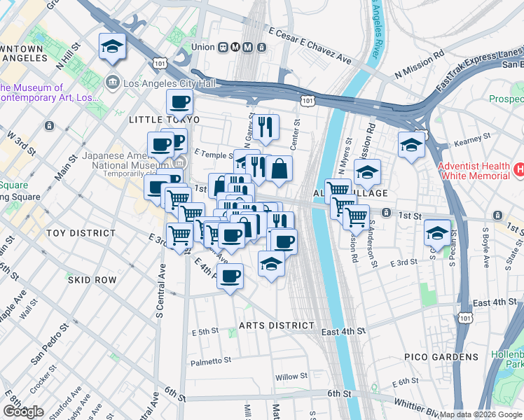 map of restaurants, bars, coffee shops, grocery stores, and more near 120 South Vignes Street in Los Angeles