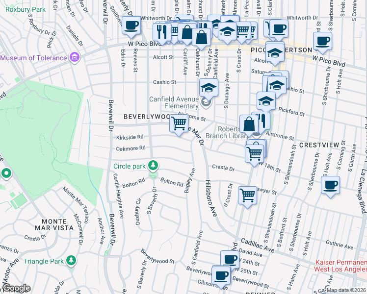 map of restaurants, bars, coffee shops, grocery stores, and more near 9325 Oakmore Road in Los Angeles