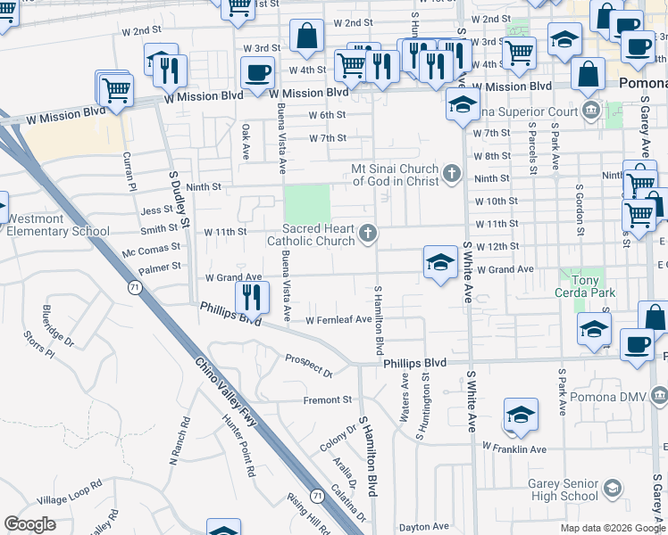 map of restaurants, bars, coffee shops, grocery stores, and more near 1185 West Grand Avenue in Pomona