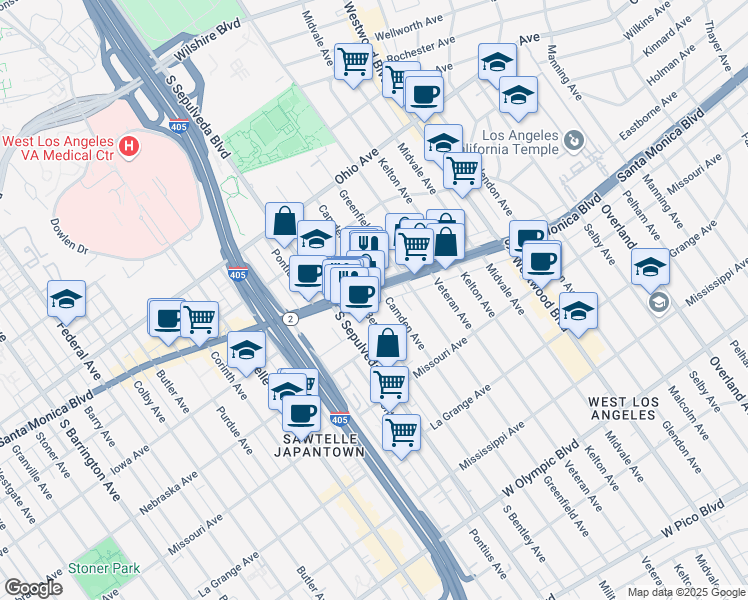 map of restaurants, bars, coffee shops, grocery stores, and more near 11040 Santa Monica Boulevard in Los Angeles