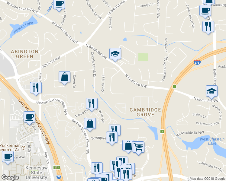 map of restaurants, bars, coffee shops, grocery stores, and more near 4132 Cripple Creek Way in Kennesaw