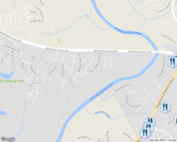 map of restaurants, bars, coffee shops, grocery stores, and more near 8460 River Walk Landing in Suwanee