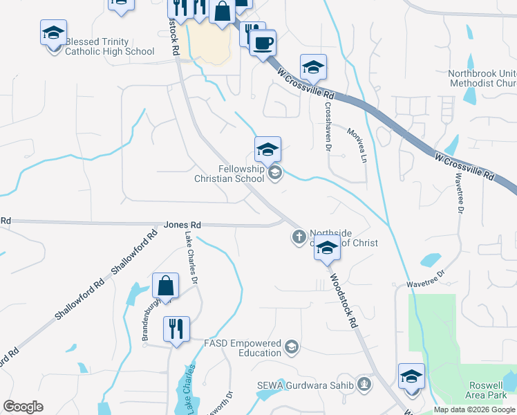 map of restaurants, bars, coffee shops, grocery stores, and more near 815 Trakehner Tarn in Roswell