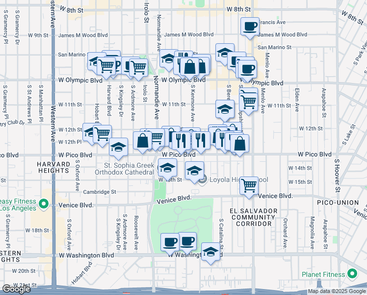 map of restaurants, bars, coffee shops, grocery stores, and more near 1220 Fedora Street in Los Angeles