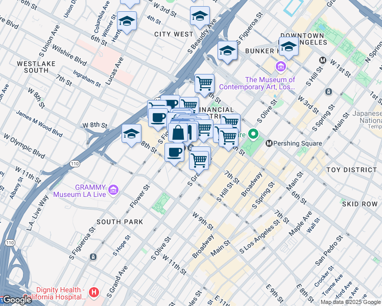map of restaurants, bars, coffee shops, grocery stores, and more near 711 South Hope Street in Los Angeles