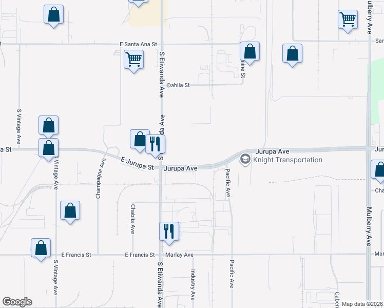 map of restaurants, bars, coffee shops, grocery stores, and more near 13052 Jurupa Avenue in Fontana