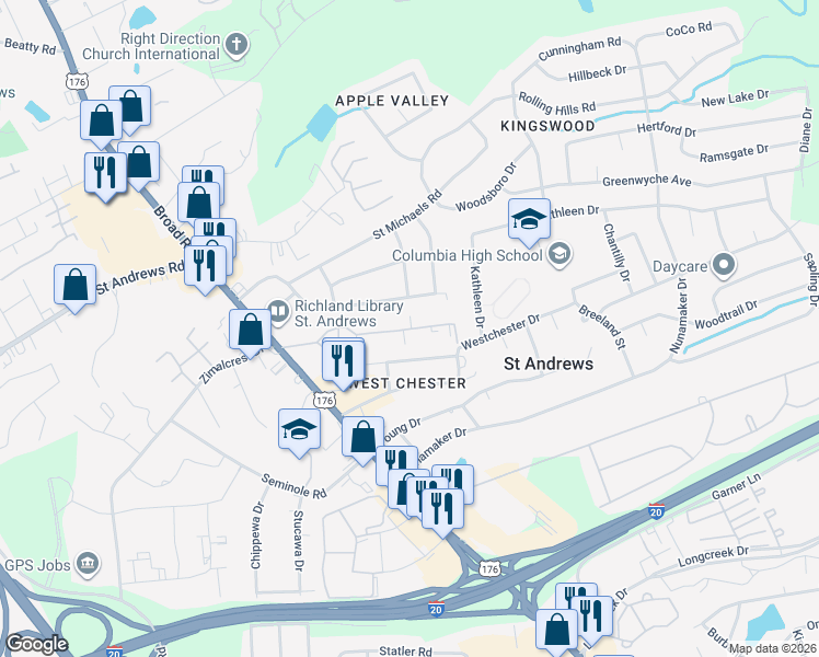 map of restaurants, bars, coffee shops, grocery stores, and more near 1634 Whiteford Road in Columbia