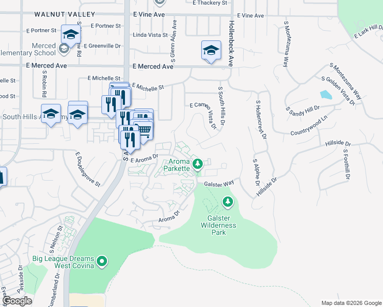 map of restaurants, bars, coffee shops, grocery stores, and more near 2113 East Aroma Drive in West Covina