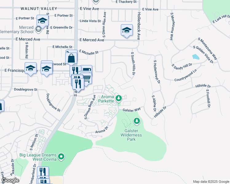 map of restaurants, bars, coffee shops, grocery stores, and more near 2061 East Aroma Drive in West Covina