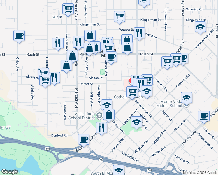 map of restaurants, bars, coffee shops, grocery stores, and more near 1703 Central Avenue in South El Monte