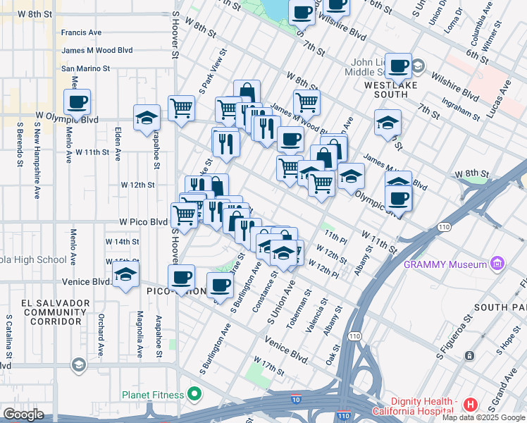 map of restaurants, bars, coffee shops, grocery stores, and more near 1817 West 12th Street in Los Angeles