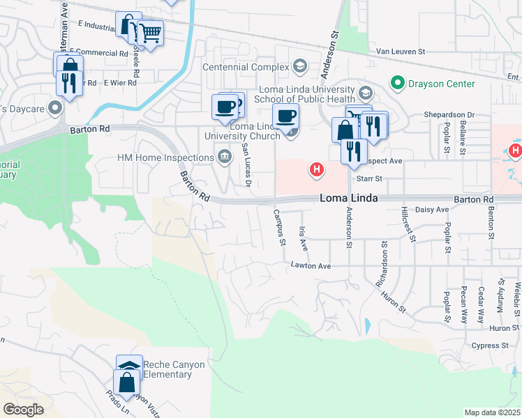 map of restaurants, bars, coffee shops, grocery stores, and more near 11301 San Juan Street in Loma Linda