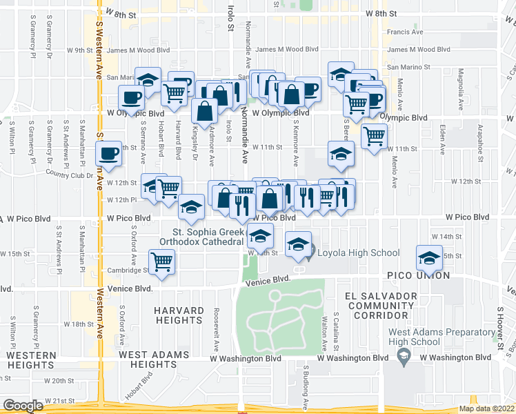 map of restaurants, bars, coffee shops, grocery stores, and more near 1223 South Mariposa Avenue in Los Angeles