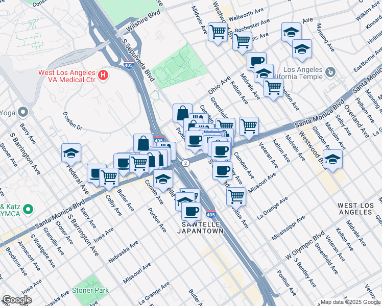 map of restaurants, bars, coffee shops, grocery stores, and more near 1607 Pontius Avenue in Los Angeles
