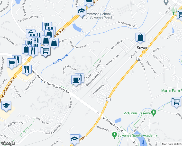 map of restaurants, bars, coffee shops, grocery stores, and more near 853 Scales Road in Suwanee