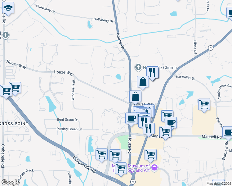map of restaurants, bars, coffee shops, grocery stores, and more near 500 Houze Way in Roswell