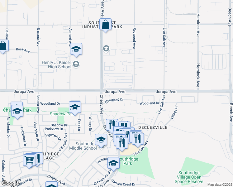 map of restaurants, bars, coffee shops, grocery stores, and more near 14560 Woodland Drive in Fontana