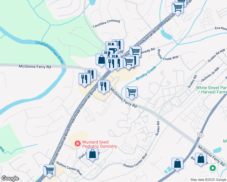 map of restaurants, bars, coffee shops, grocery stores, and more near 400 Suwanee Walk Avenue in Suwanee