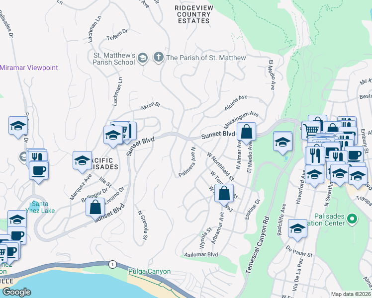 map of restaurants, bars, coffee shops, grocery stores, and more near 664 Las Lomas Avenue in Los Angeles