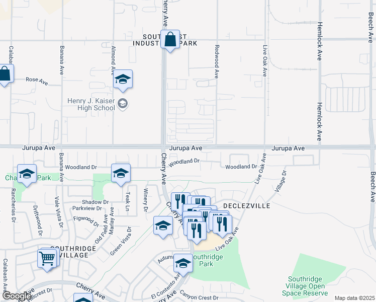 map of restaurants, bars, coffee shops, grocery stores, and more near 14606 Woodland Drive in Fontana