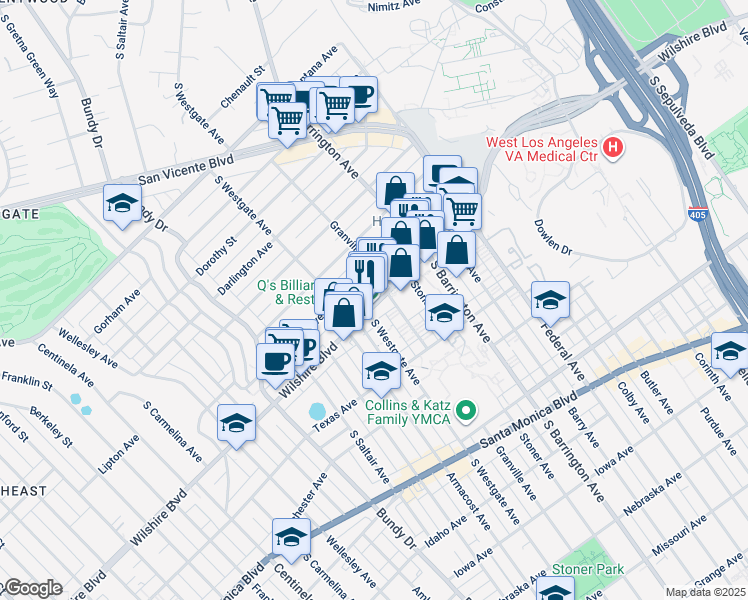 map of restaurants, bars, coffee shops, grocery stores, and more near 11785 Wilshire Boulevard in Los Angeles