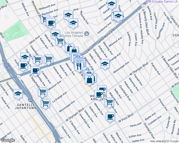 map of restaurants, bars, coffee shops, grocery stores, and more near 1912 Glendon Avenue in Los Angeles
