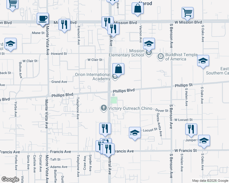 map of restaurants, bars, coffee shops, grocery stores, and more near 11295 Central Avenue in Ontario