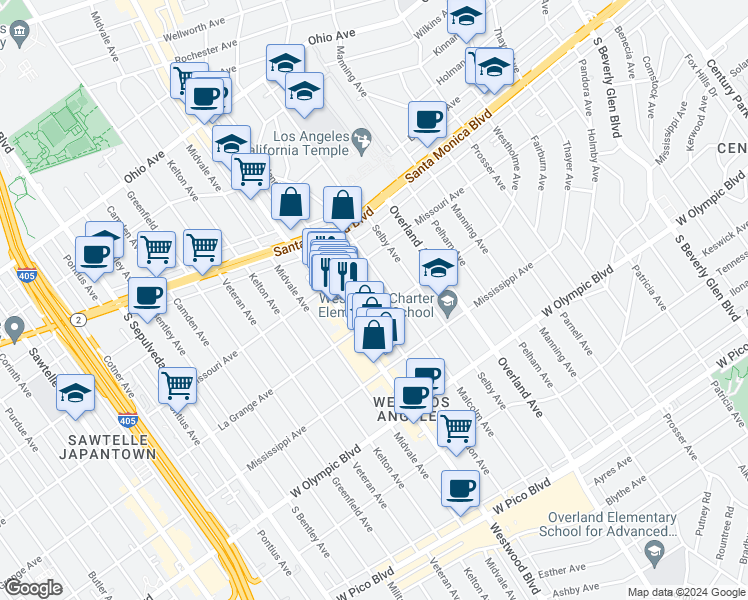 map of restaurants, bars, coffee shops, grocery stores, and more near in Los Angeles County