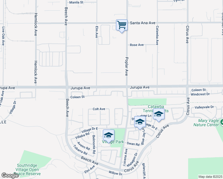 map of restaurants, bars, coffee shops, grocery stores, and more near 15596 Coleen Street in Fontana
