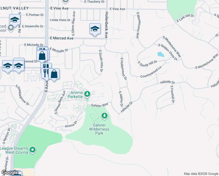 map of restaurants, bars, coffee shops, grocery stores, and more near 1515 Westridge Road in West Covina